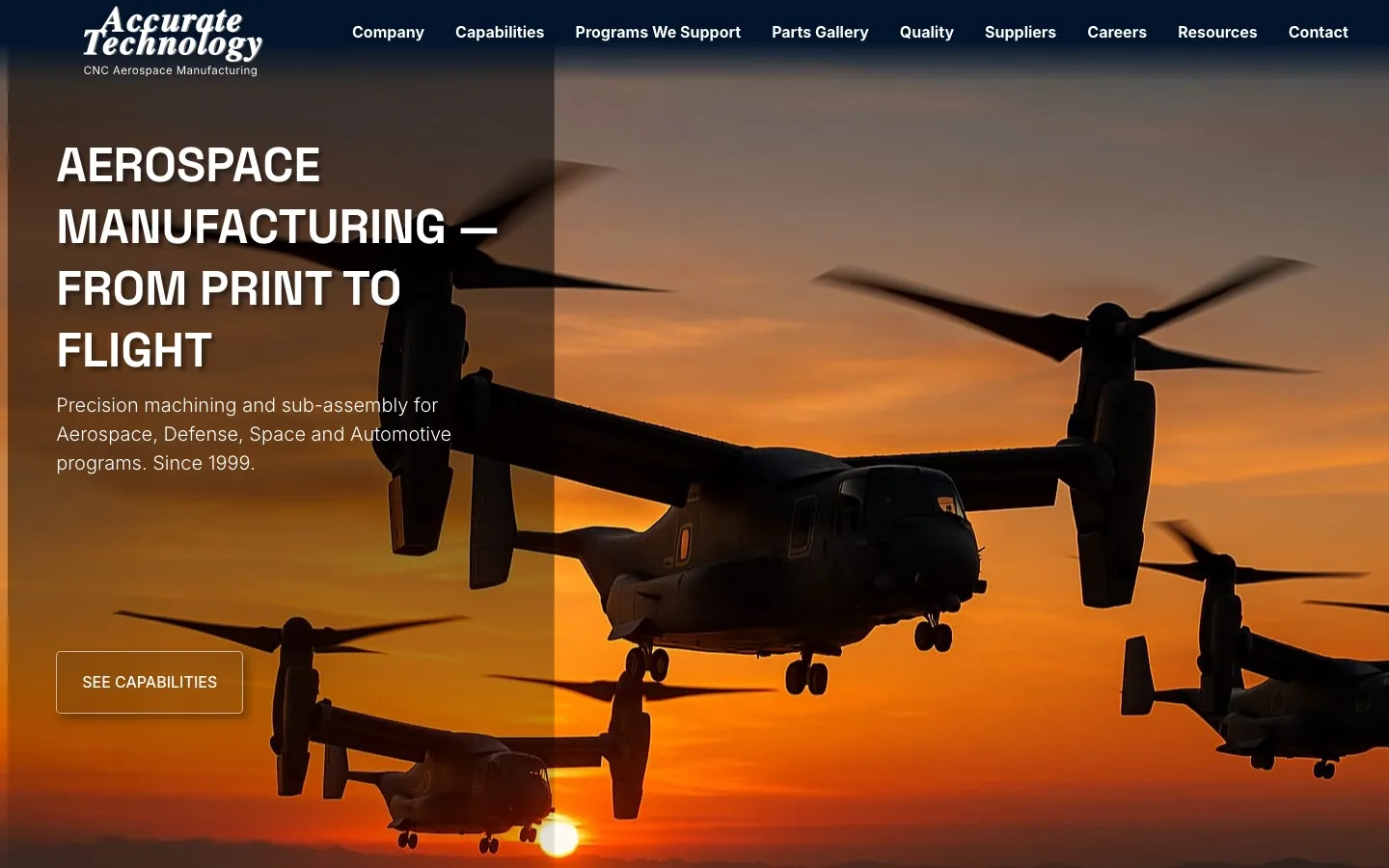 Homepage of Accurate Technology showing V-22 Ospreys at sunset