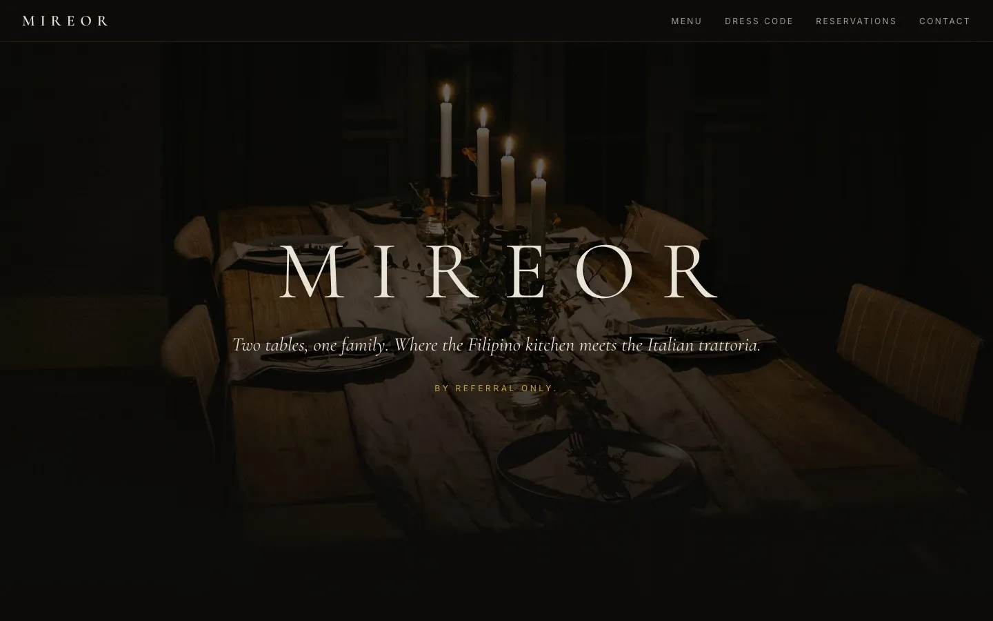 Homepage of Mireor showing a candlelit dining table